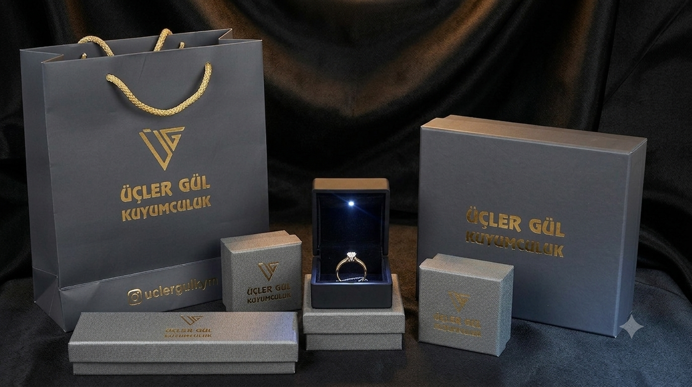 Üçler Gül Kuyumculuk marka paketleme ve kutuları